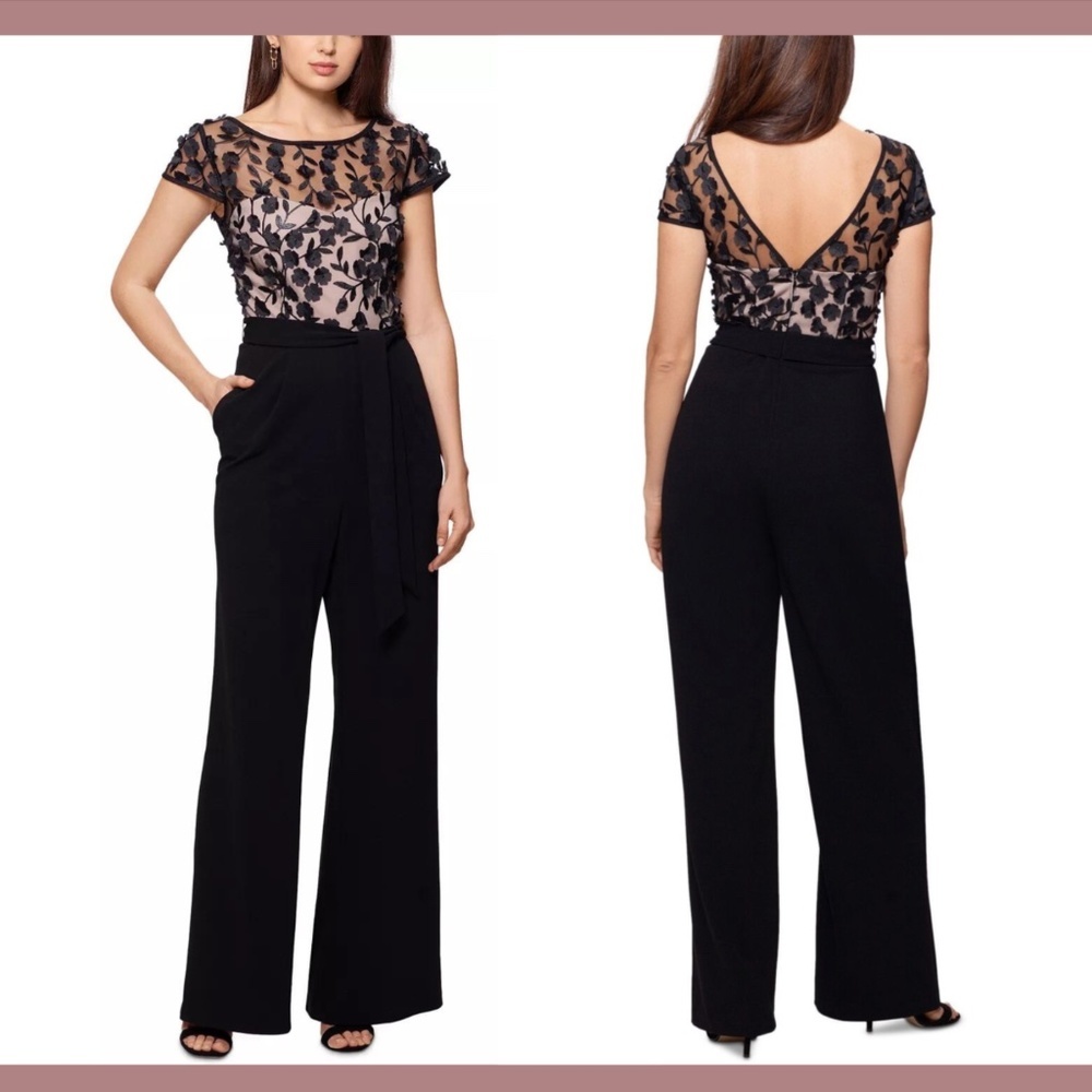 NWT $249 Xscape‎ [ Petite 2P ] Floral 3D Embellished Wide Leg Jumpsuit  Black